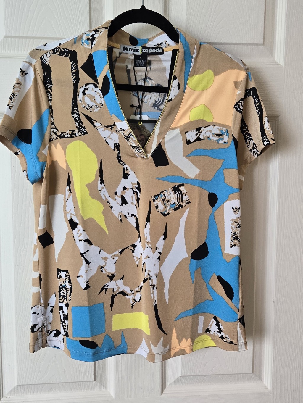 Jamie Sadock Short Sleeve V-Neck Top In Beige, Blue & Lime (Chai Khaki) Nwt